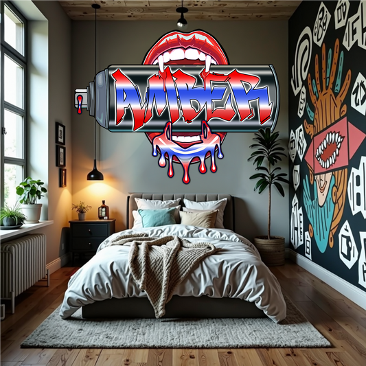 "Bite Me"-2 Graffiti Spray Can Vinyl Wall Decal – Custom Name Art, Sexy Vampire Mouth, Urban Street Style