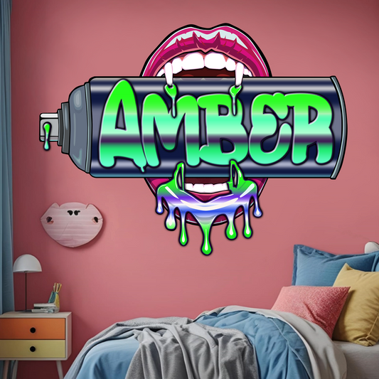 "Bite Me"-3 Graffiti Spray Can Vinyl Wall Decal – Custom Name, Sexy Vampire Mouth