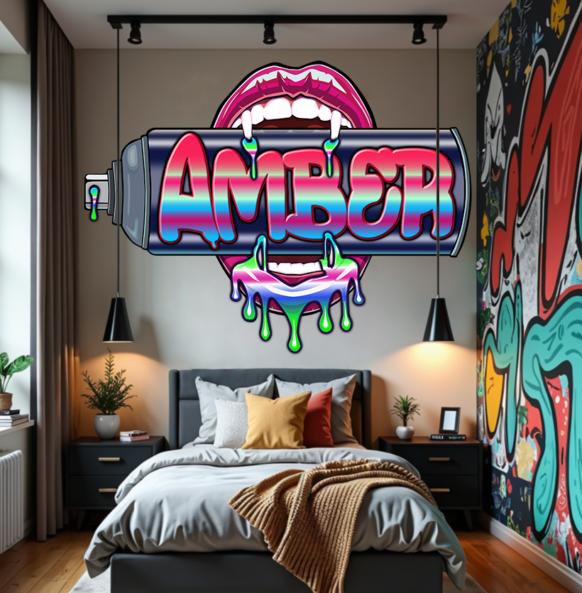 "Bite Me"-4 Graffiti Spray Can Vinyl Wall Decal – Custom Name Art , Sexy Vampire Mouth, Urban Street Style