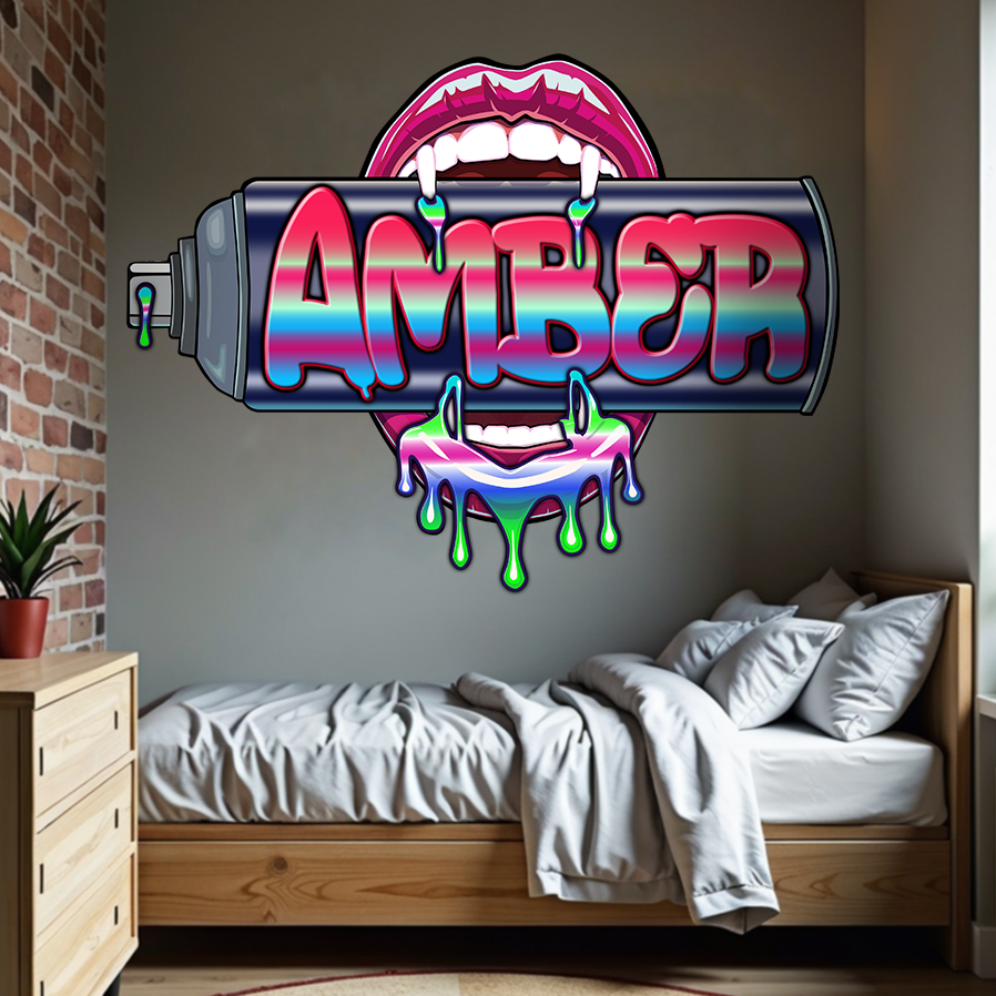 "Bite Me"-4 Graffiti Spray Can Vinyl Wall Decal – Custom Name Art , Sexy Vampire Mouth, Urban Street Style