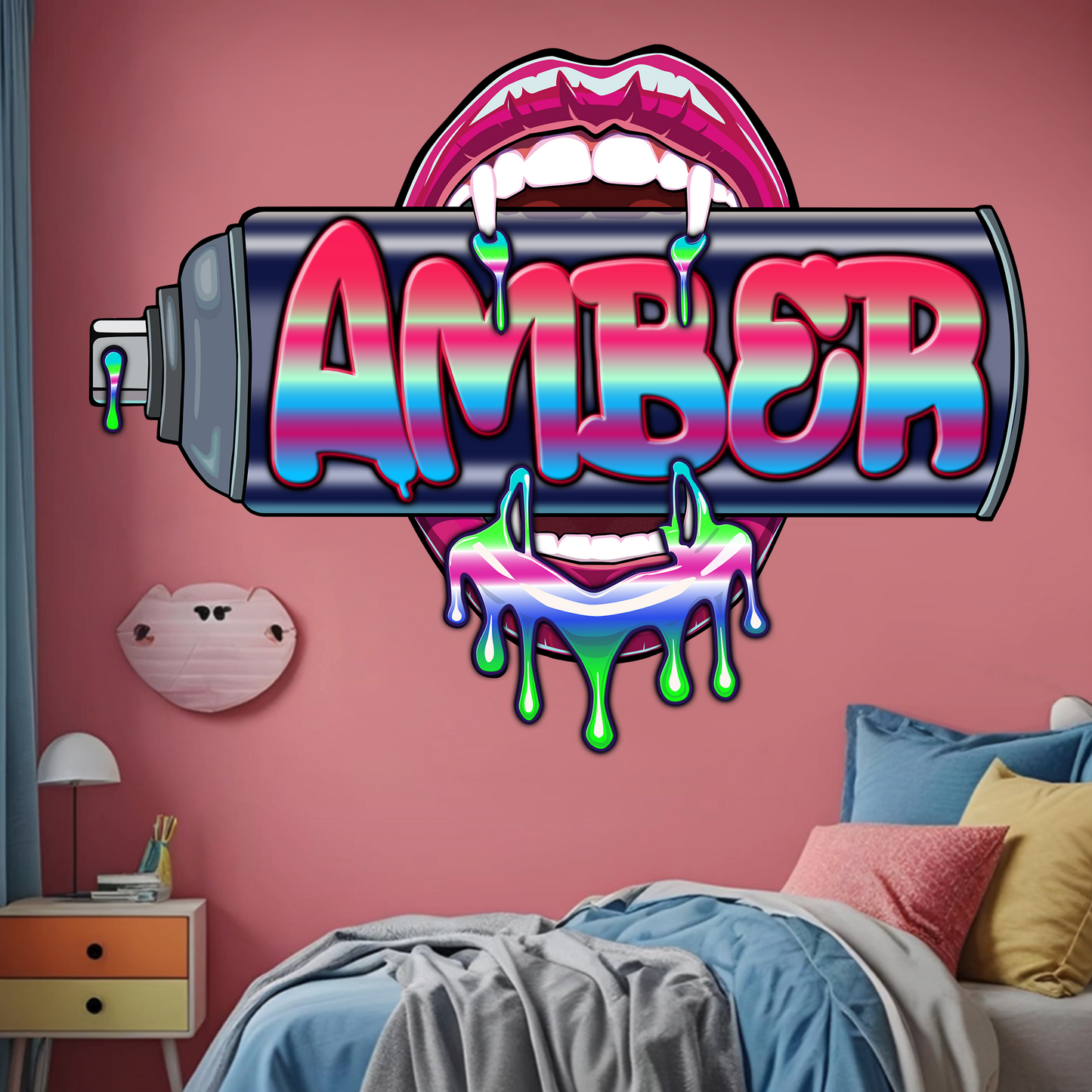 "Bite Me"-4 Graffiti Spray Can Vinyl Wall Decal – Custom Name Art , Sexy Vampire Mouth, Urban Street Style