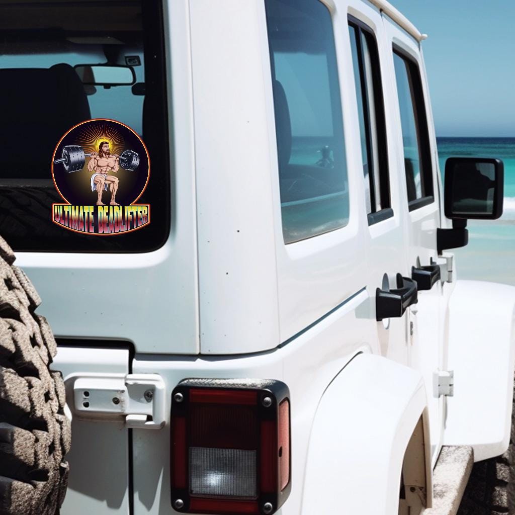 Ultimate Deadlifter Vinyl Decal humorous depiction of a buff Jesus.