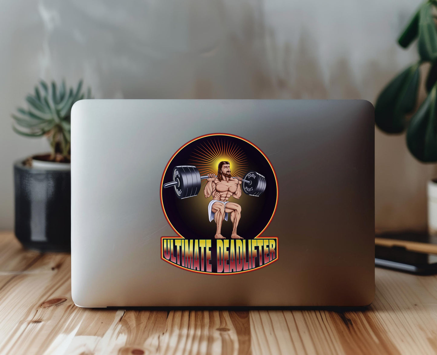 Ultimate Deadlifter Vinyl Decal humorous depiction of a buff Jesus.