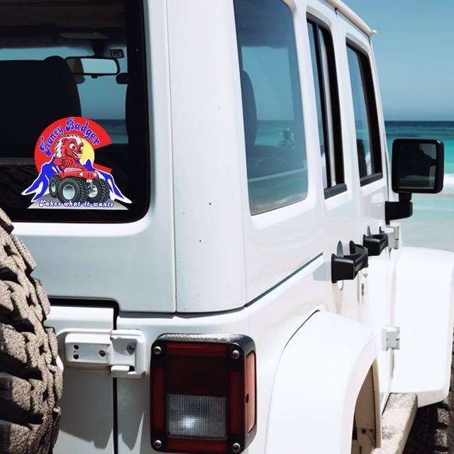 Playful Honey Badger Driving a Red 4x4 & Colorado Rockies Fun Cartoon Sticker, Weather-Resistant Adventure Decor
