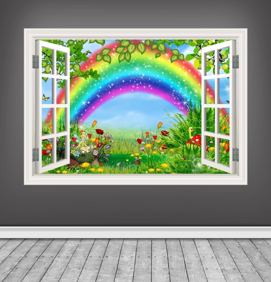 WINDOW FRAME MURAL - Rainbow Clouds Mural - Open Window Decals - Office Wall Mural - Housewarming Gift - Handmade Wall Decal