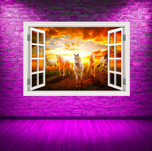 HORSE WINDOW DECAL, Clouds Wall Decal, Running Horse Decal, Sunset Wall Mural, Animal Wall Mural, Adhesive Wall Mural