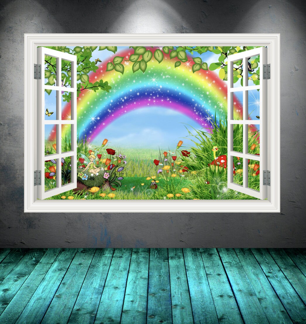 WINDOW FRAME MURAL - Rainbow Clouds Mural - Open Window Decals - Office Wall Mural - Housewarming Gift - Handmade Wall Decal