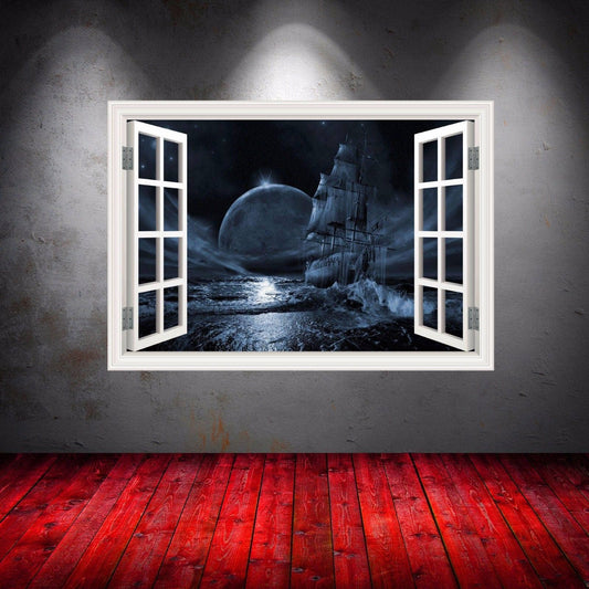 Ghost Ship Window Frame Wall Decal, Removable Vinyl Decal, Peel and Stick, Fantasy Art Decor for Bedroom, Living-Room, Kids or Any Room