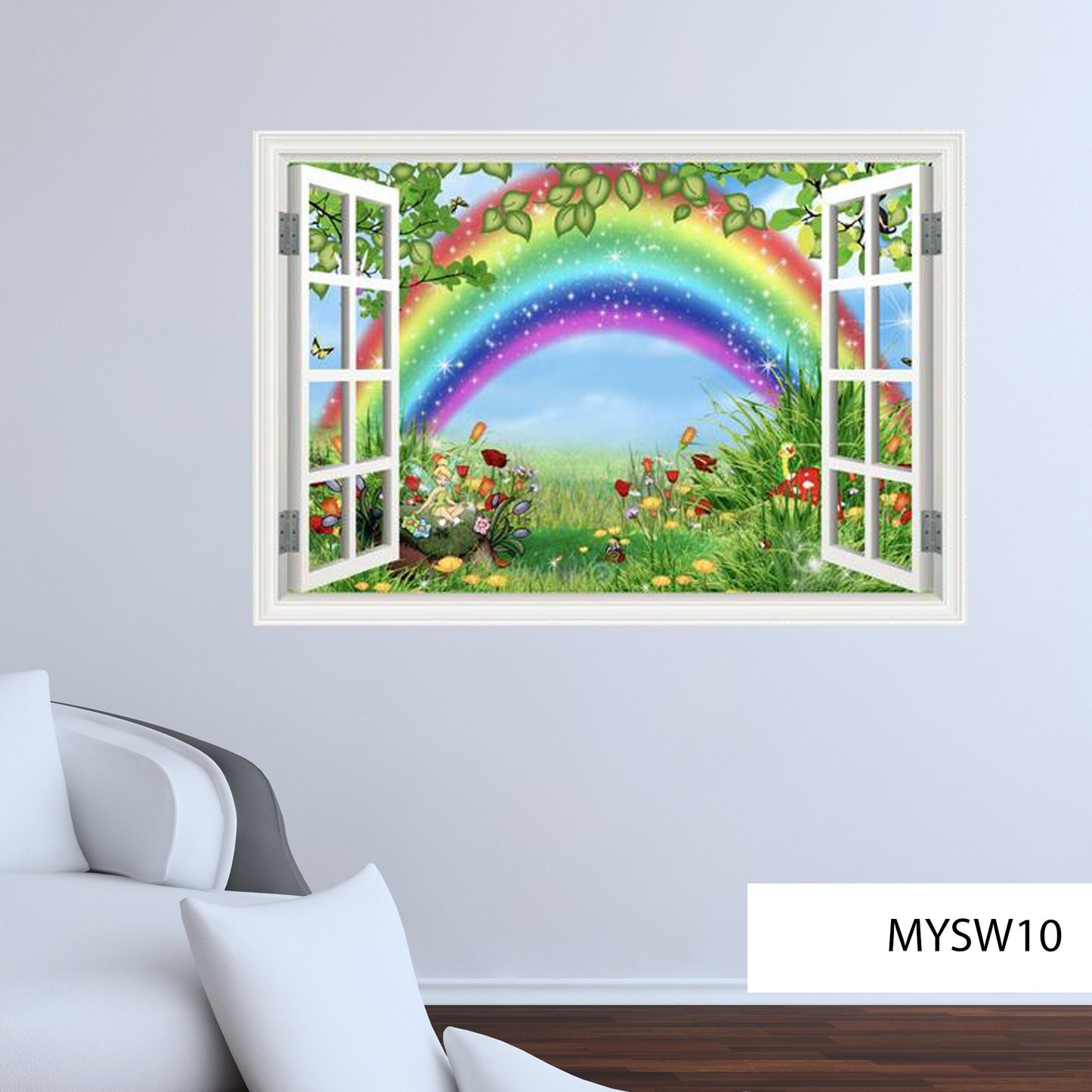 WINDOW FRAME MURAL - Rainbow Clouds Mural - Open Window Decals - Office Wall Mural - Housewarming Gift - Handmade Wall Decal