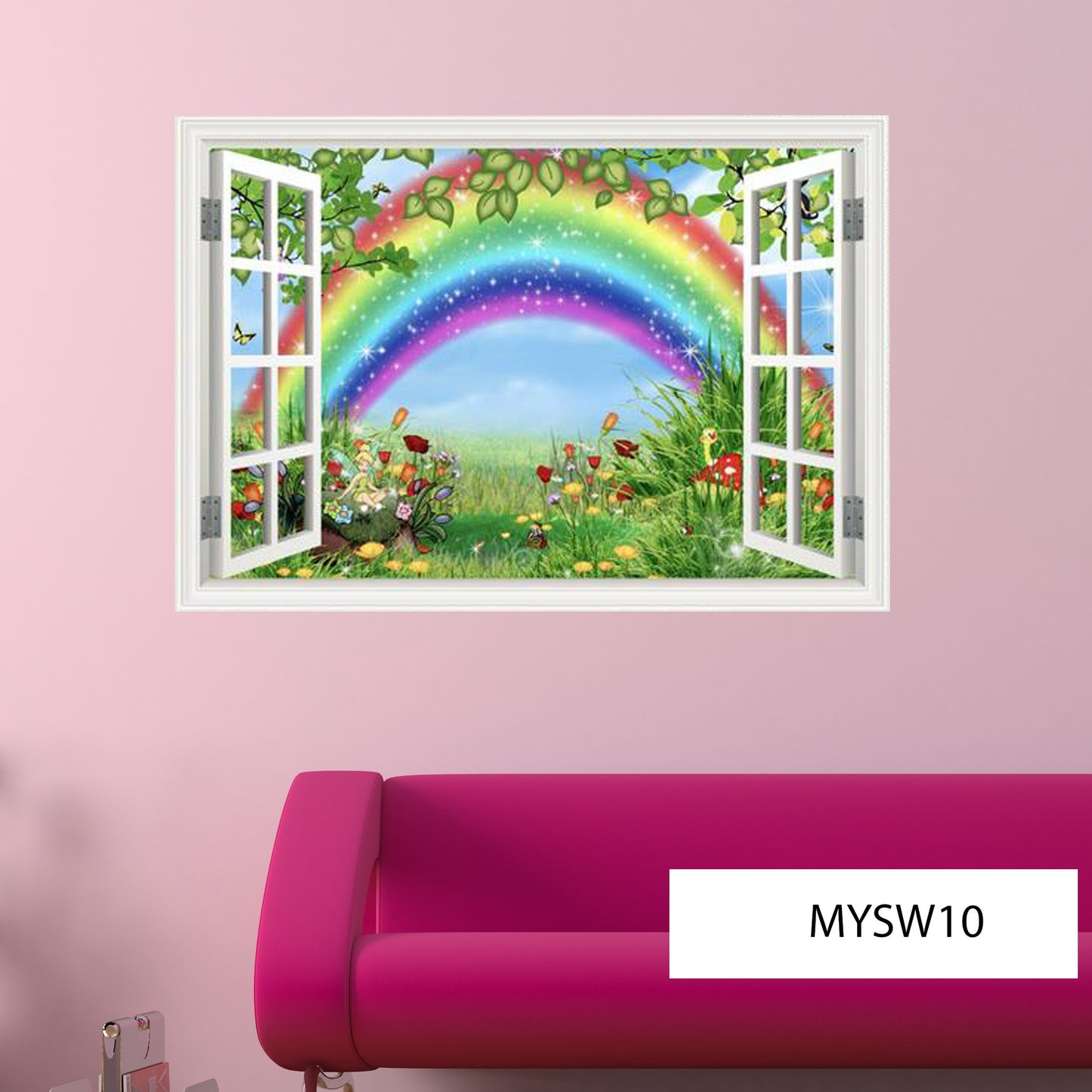 WINDOW FRAME MURAL - Rainbow Clouds Mural - Open Window Decals - Office Wall Mural - Housewarming Gift - Handmade Wall Decal