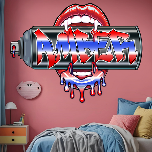"Bite Me" Graffiti Spray Can Vinyl Wall Decal – Custom Name Art | Sexy Vampire Mouth | Urban Street Style