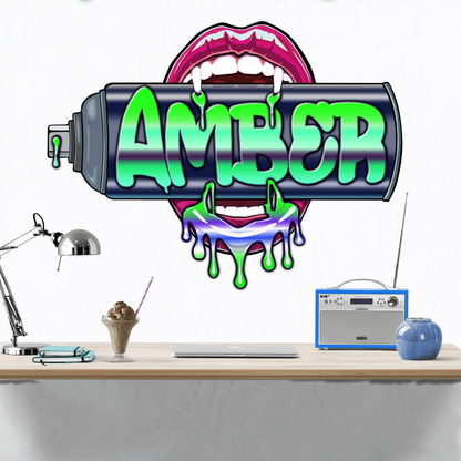 "Bite Me"-3 Graffiti Spray Can Vinyl Wall Decal – Custom Name, Sexy Vampire Mouth