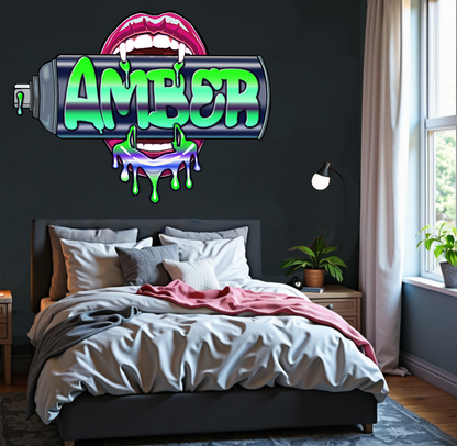 "Bite Me"-3 Graffiti Spray Can Vinyl Wall Decal – Custom Name, Sexy Vampire Mouth