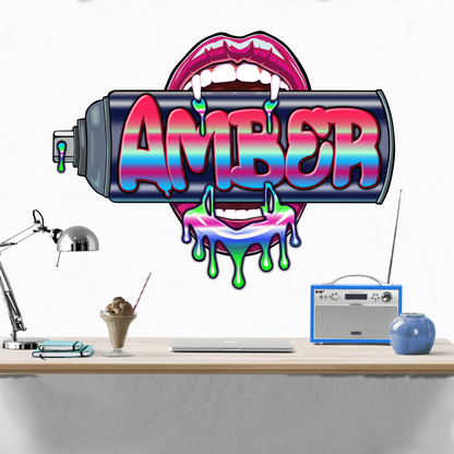 "Bite Me"-4  Graffiti Spray Can Vinyl Wall Decal – Custom Name Art , Sexy Vampire Mouth, Urban Street Style