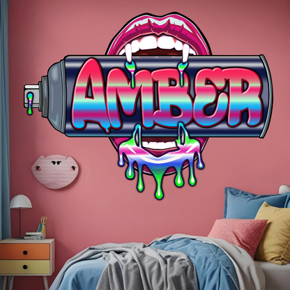"Bite Me"-4  Graffiti Spray Can Vinyl Wall Decal – Custom Name Art , Sexy Vampire Mouth, Urban Street Style
