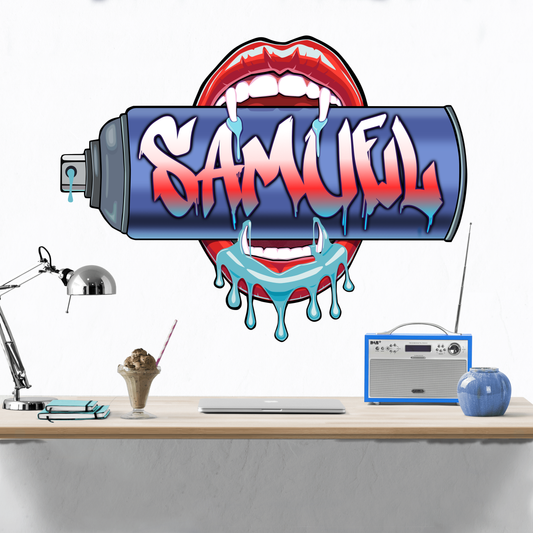 "Bite Me" Graffiti Spray Can Vinyl Wall Decal – Custom Name Art | Sexy Vampire Mouth | Urban Street Style Decor