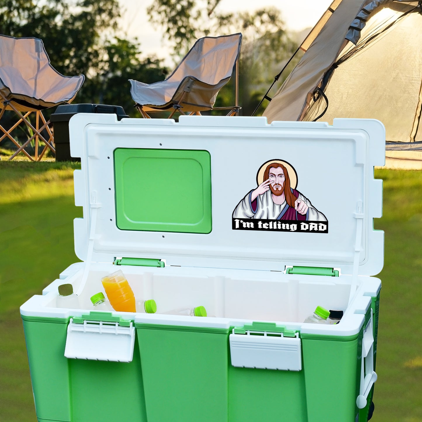 Funny “I’m Telling DAD” Jesus Sticker – Matte Laminated Vinyl Decal | 3-Pack Contour Cut Stickers | Christian Humor Gift | 5x3.75 Inch