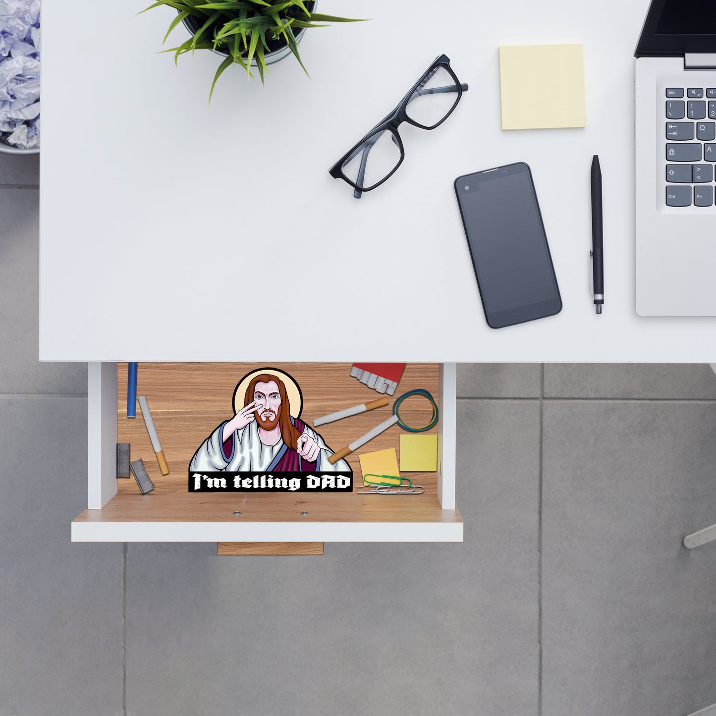 Funny “I’m Telling DAD” Jesus Sticker – Matte Laminated Vinyl Decal | 3-Pack Contour Cut Stickers | Christian Humor Gift | 5x3.75 Inch