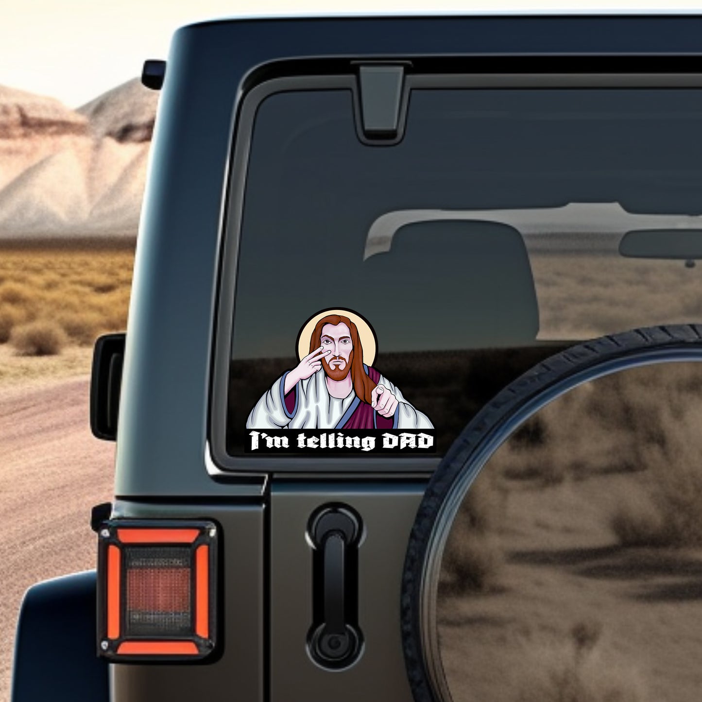 Funny “I’m Telling DAD” Jesus Sticker – Matte Laminated Vinyl Decal | 3-Pack Contour Cut Stickers | Christian Humor Gift | 5x3.75 Inch