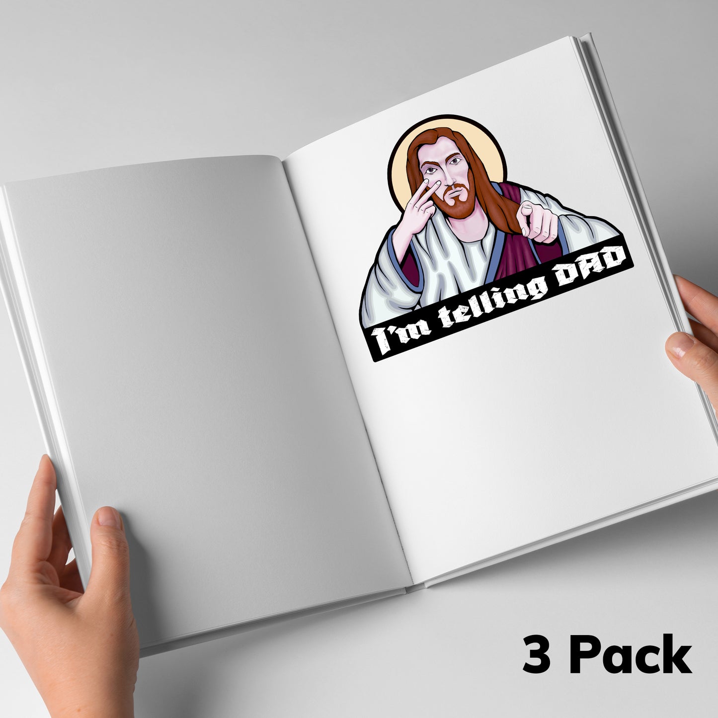 Funny “I’m Telling DAD” Jesus Sticker – Matte Laminated Vinyl Decal | 3-Pack Contour Cut Stickers | Christian Humor Gift | 5x3.75 Inch