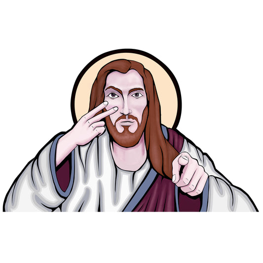 Funny Jesus Watching You Sticker – Waterproof Vinyl Decal | Illustrated Religious Humor
