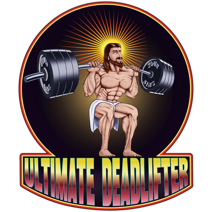 Ultimate Deadlifter  Vinyl Decal humorous depiction of a buff Jesus.