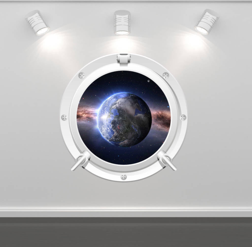 Earth View Porthole Decal: Cosmic Wall Art, Space-Themed Room Decor, Realistic Planet Sticker, Unique Vinyl Design for Home & Office