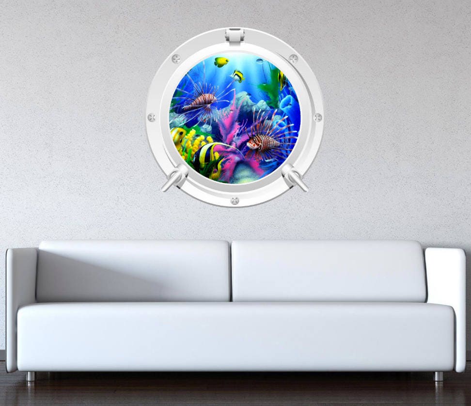 Tropical Reef Fish Porthole Wall Decal - Ocean Aquarium 3D Sticker - Underwater Kids Room Decor - Fish Art - Marine Themed Decoration