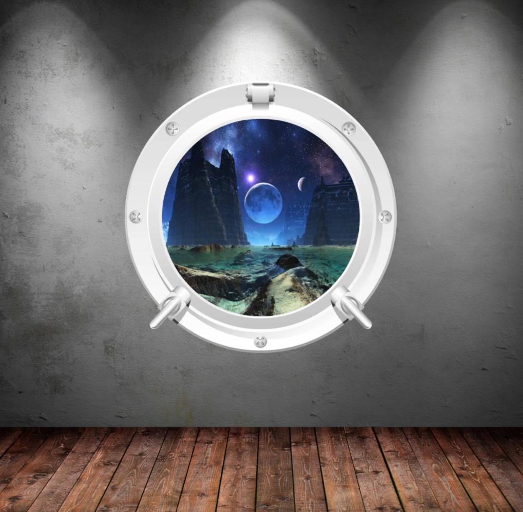 SPACE WALL STICKER, Porthole Wall Mural, Galaxy Vinyl Sticker, Earth Porthole Decal, Moon Wall Sticker, Space Room Decor