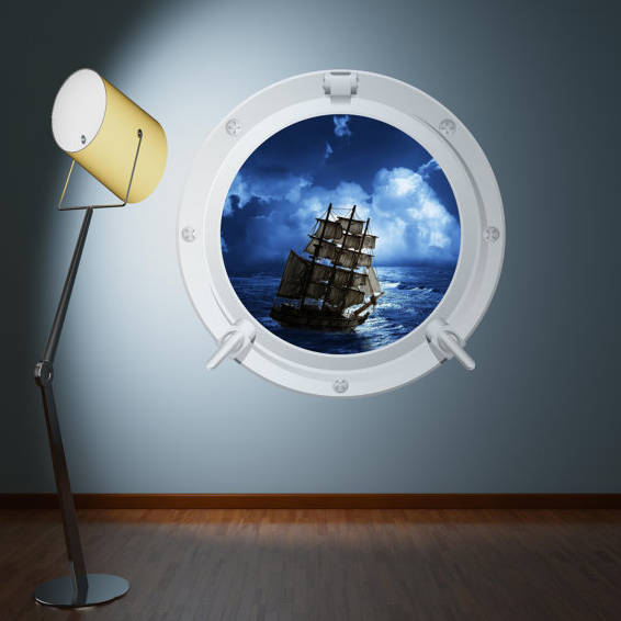 Pirate Ship Wall Decal - Nautical Kids Room Decor - Pirate-Themed Porthole Decoration for Playroom or Bedroom, Ocean Sticker, Pirate Art