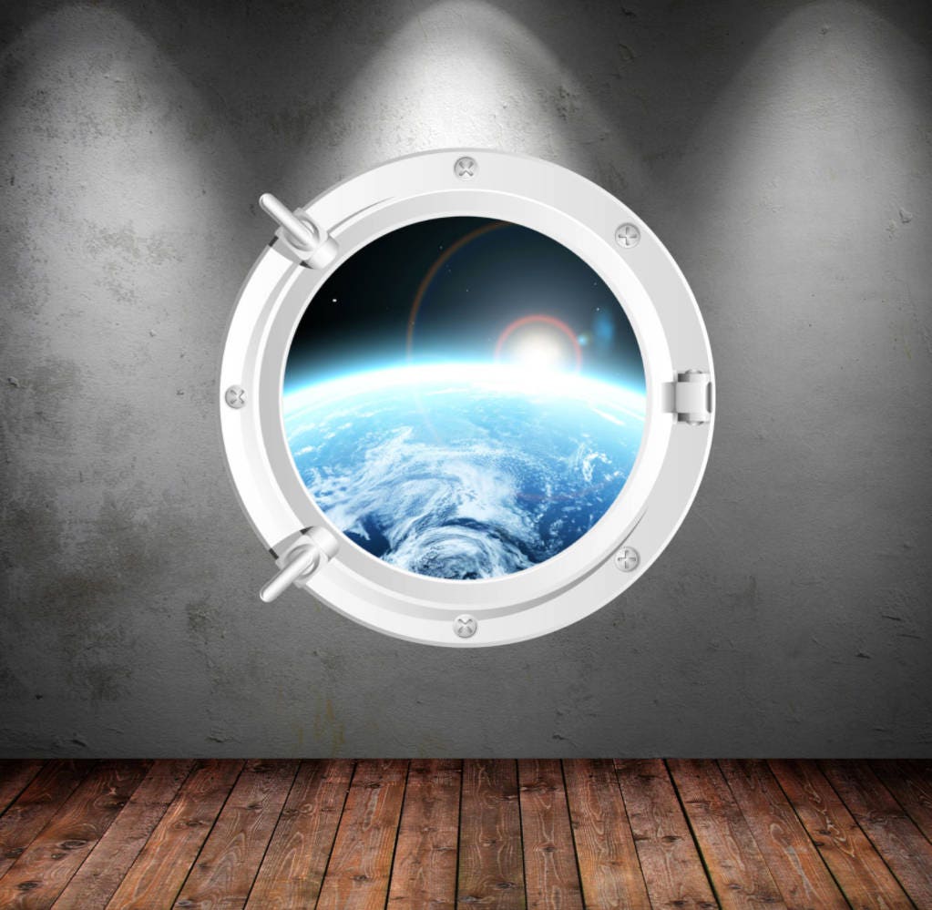 Space Porthole Decal: Earth & Moon Wall Sticker, Window Earth View, Celestial Room Decor, Moon Porthole Art - Transform Your Space!