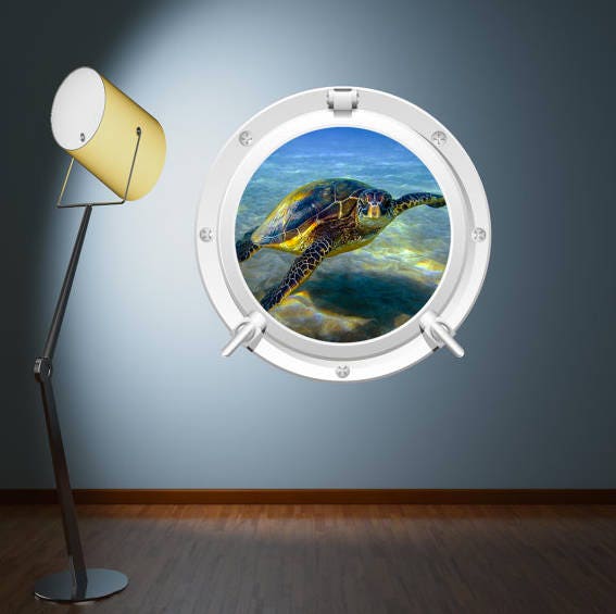 3D Sea Turtle Porthole Wall Decal - Ocean View Window Sticker for Kids Room - Removable Peel & Stick Wall Art - Sea Life Decor