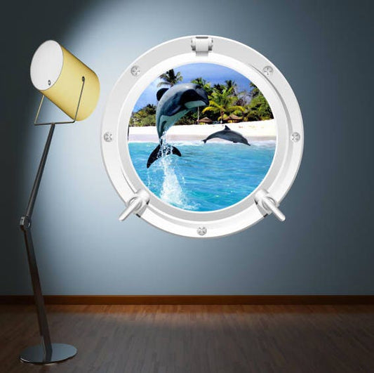 Dolphin Porthole Wall Decal, Beach 3D Window Sticker, Kids Room Decor, Removable Peel and Stick Wall Art, Printed Underwater Mural