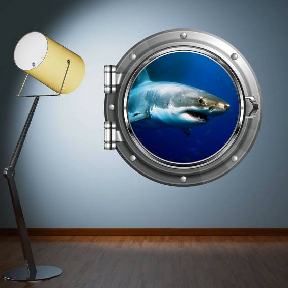 Large Great White Shark Wall Sticker, Ocean Mural Decal, Marine Decor, Deep Sea Shark Designs, Kids Room Wall Decal, Shark Porthole Art