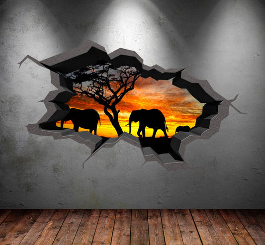 ELEPHANTS WALL DECAL, Wild Animals Stickers, Safari Wall Decal, 3d Room Mural, Graphic Wall Decal, Elephants Lover Gift, Safari Wall Decal