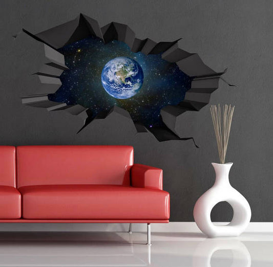 EARTH WALL STICKER, Space Wall Mural,Earth Space Wall Mural, Cracked Wall Decal, Universe Wall Decal, 3d Vinyl Sticker