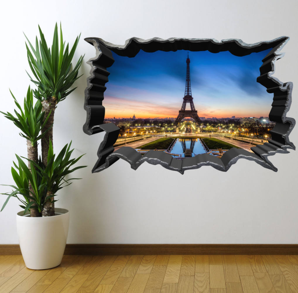 PARIS VINYL STICKER, Eiffel Tower Sticker, City View Wall Mural, Cracked Wall Decal, Paris Vinyl Decal, Living Room Décor