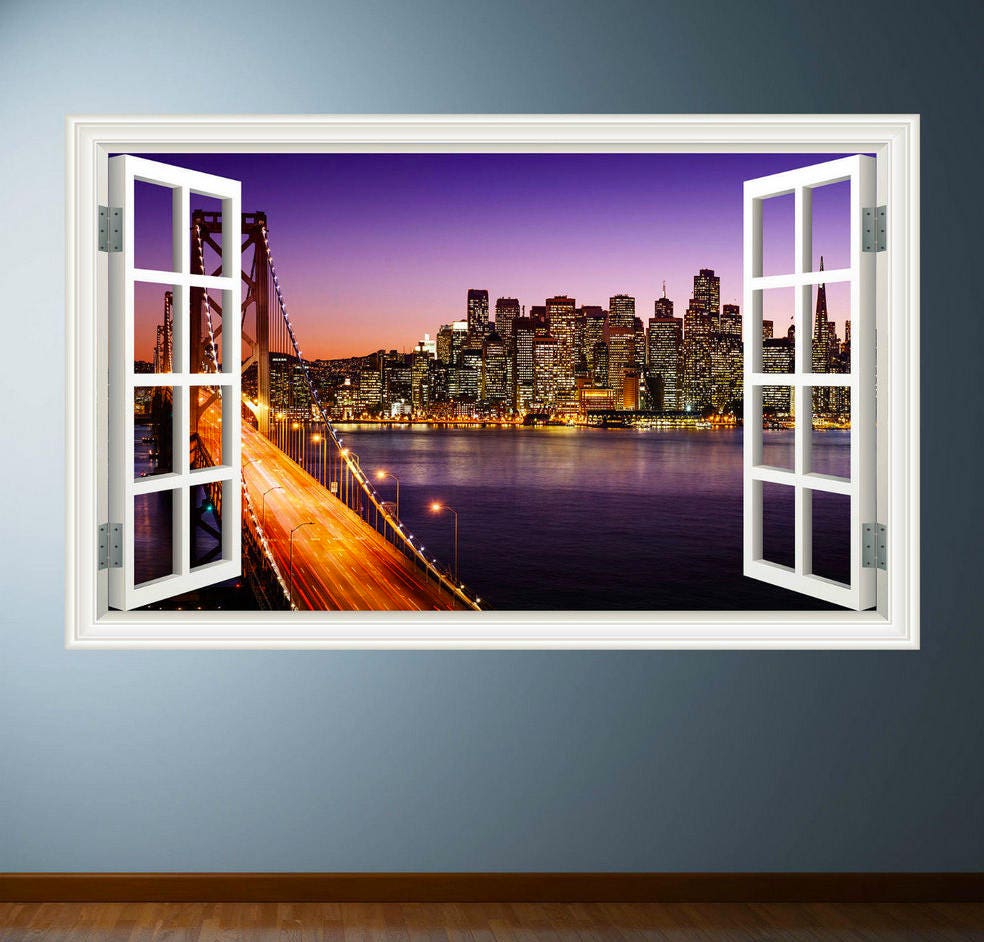 New York Window Wall Decal, Skyline Wall Sticker, City Wall Mural, Sunset Window Decal, 3D Window Wall Decal, Window Frame Sticker