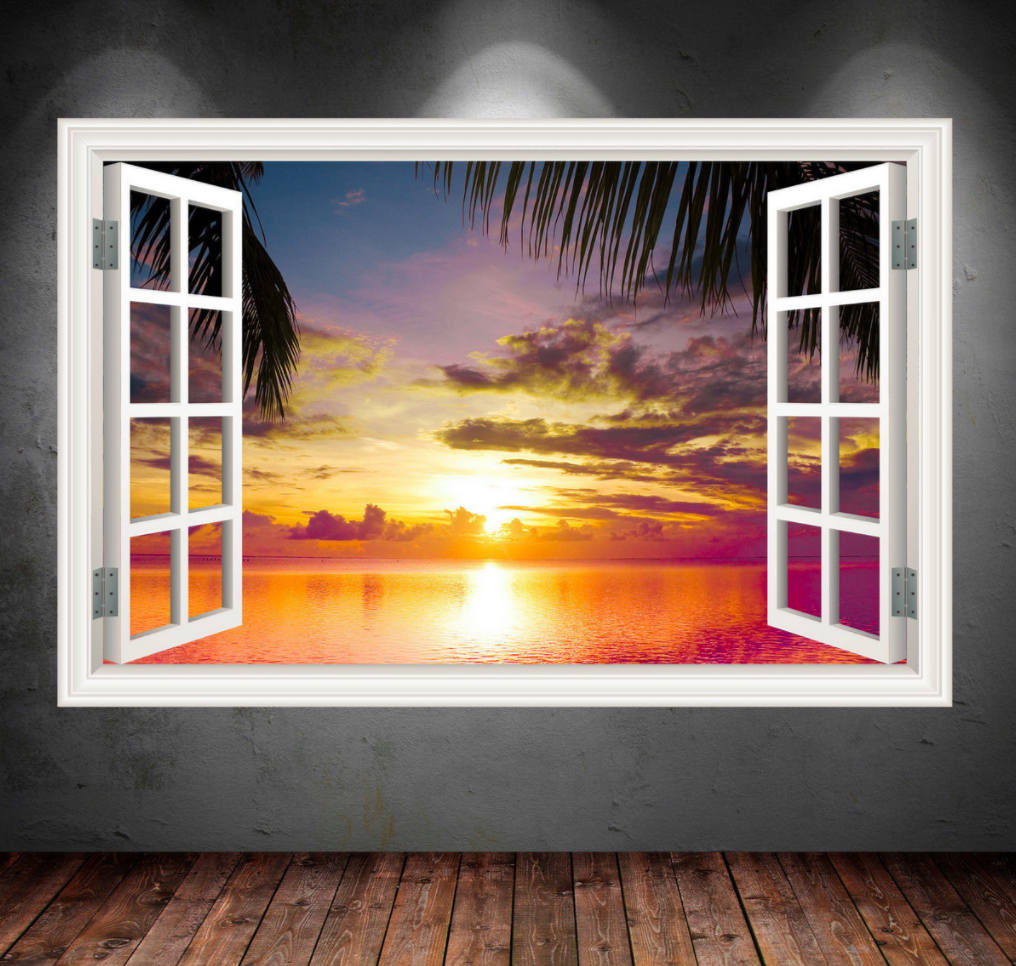 SUNSET WALL DECAL, Sea View Decal, Premium Vinyl Decals, Window Wall Mural, Paradise Sunset Decals, Wall Art Sticker, Girls Room Decor