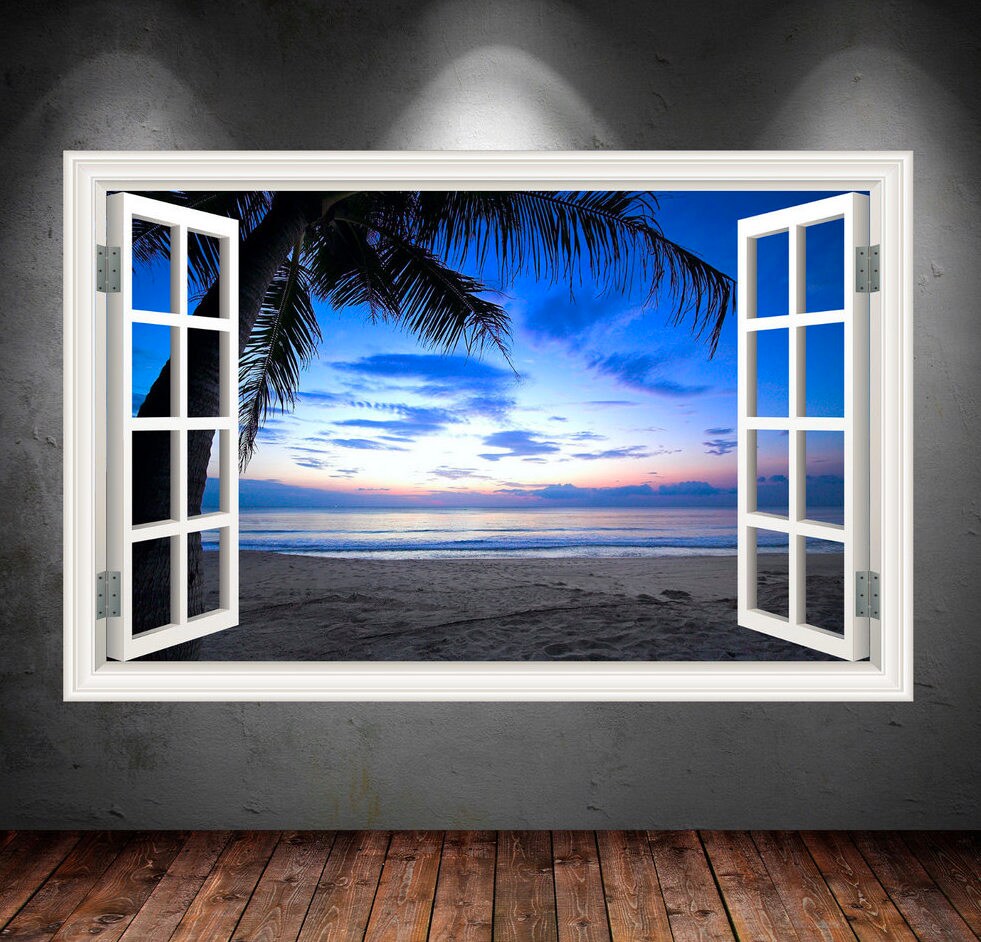 Sunset Beach Wall Decal, Ocean Window Frame Wall Mural, Palmtree and Beach Wall Sticker, Nature Art Room Decor, Removable Wall Decal