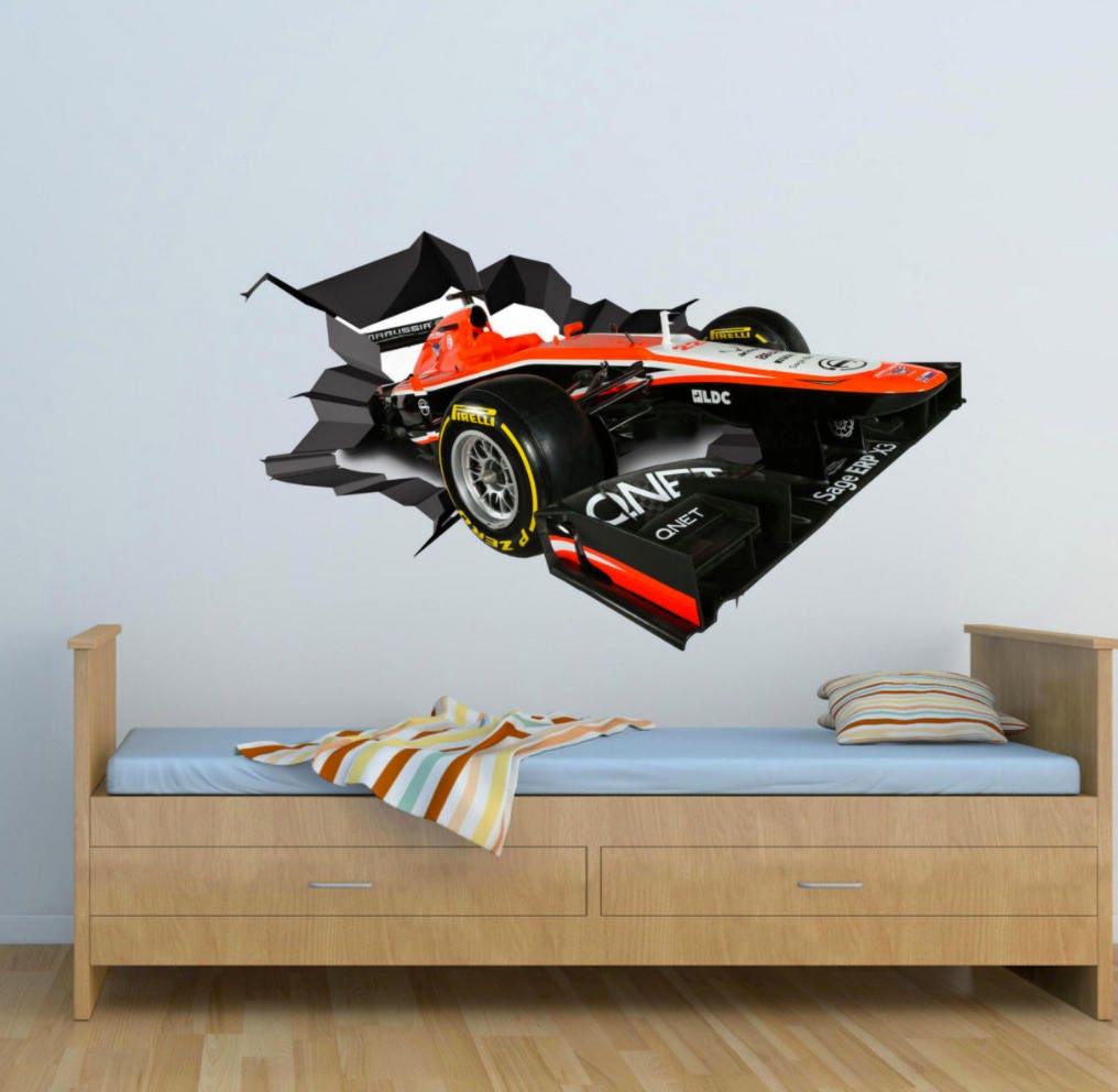 RACING CAR DECAL, 3D Wall Stickers, Cracked Wall Decal, Playroom Wall Décor, Vinyl Wall Mural, F1 Racing Car