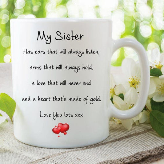 SISTER COFFEE CUP, Quotes Coffee Mug, 15oz Coffee Cup, White Coffee Mugs, Ceramic Tea Mug, Love You Lots Heart