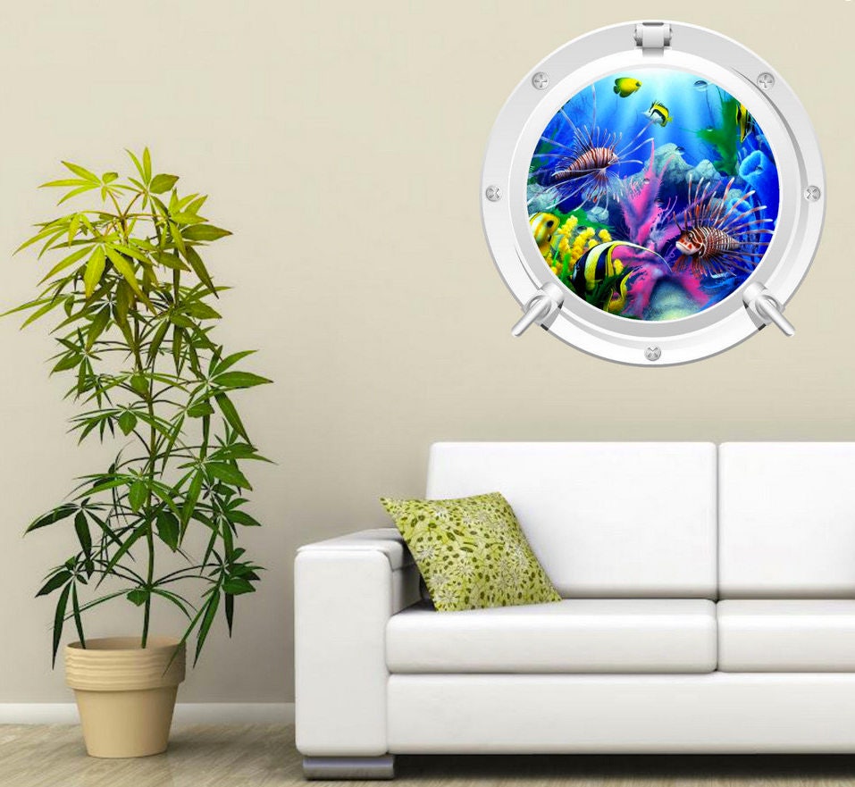 Tropical Reef Fish Porthole Wall Decal - Ocean Aquarium 3D Sticker - Underwater Kids Room Decor - Fish Art - Marine Themed Decoration