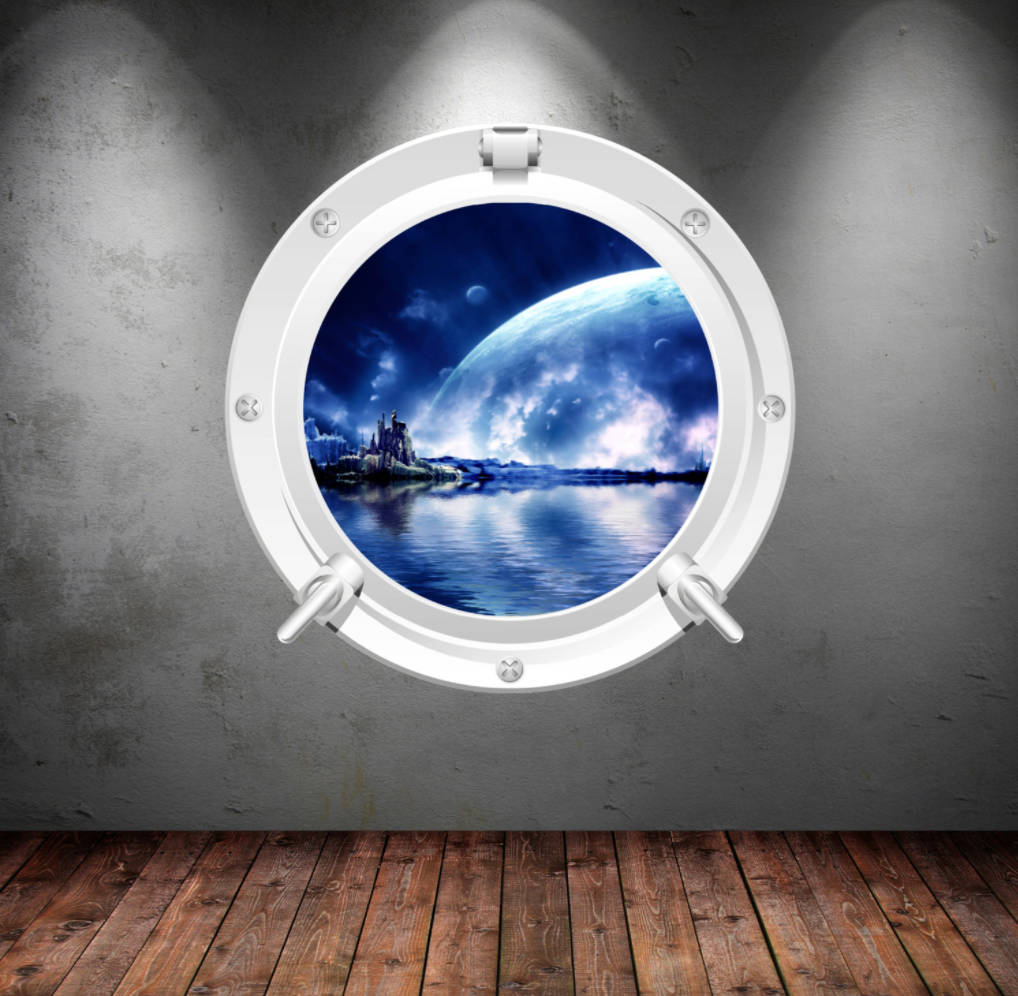 PORTHOLE WALL DECAL, Earth Wall Sticker, Window Wall Decal, Moon Wall Décor, Space Portal Decal, Space Galaxy Mural