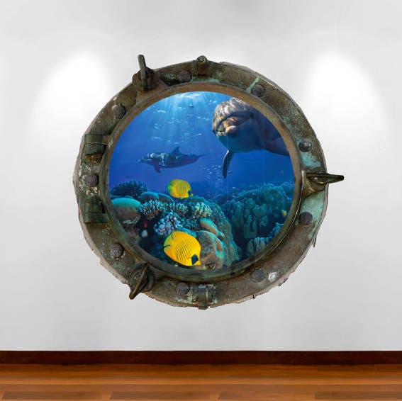 Dolphin Porthole Wall Decal, Coral Reef 3D Window Sticker, Kids Room Decor, Removable Peel and Stick Fish Wall Art, Printed Underwater Mural