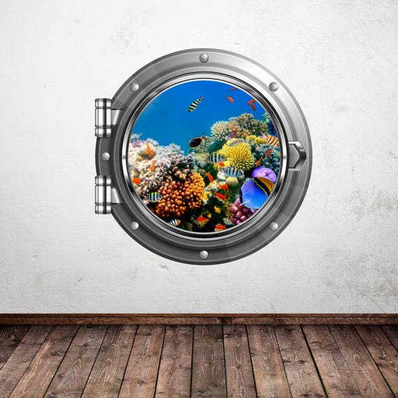 Underwater Porthole Wall Decal, Fish 3D Window Sticker, Kids Room Decor, Removable Peel and Stick Wall Art, Printed Coral Reef Mural