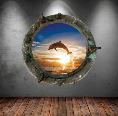 Jumping Dolphin Sunset Porthole Wall Decal, Ocean View 3D Window Sticker, Kids Room Decor, Peel and Stick Wall Art, Marine Mammal Mural