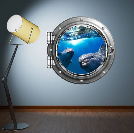 Dolphins Porthole Wall Decal, Marine Mammal 3D Window Sticker, Kids Room Decor, Removable Peel and Stick Wall Art, Printed Underwater Mural