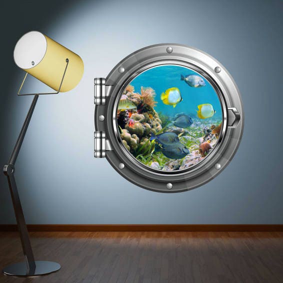 Coral Reef Fish Porthole Wall Decal - 3D Ocean Window Sticker - Kids Room Decor - Underwater Fish Art - Peel and Stick Mural for Bedrooms