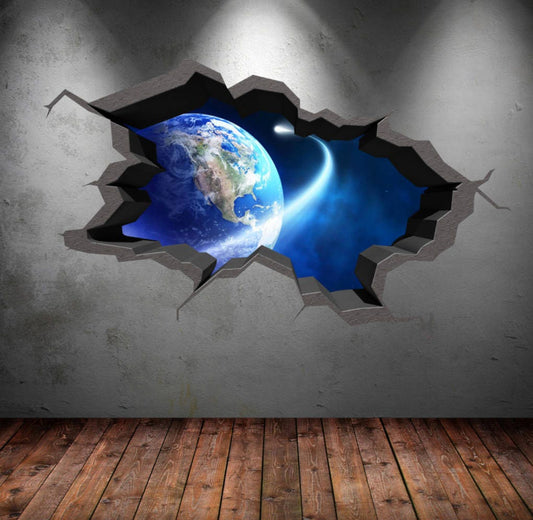 Earth Wall Decal, 3D Wall Mural, Broken Wall Decal, Planet Wall Sticker, Space Room Decor, Vinyl Wall Sticker, Removable Galaxy Decal